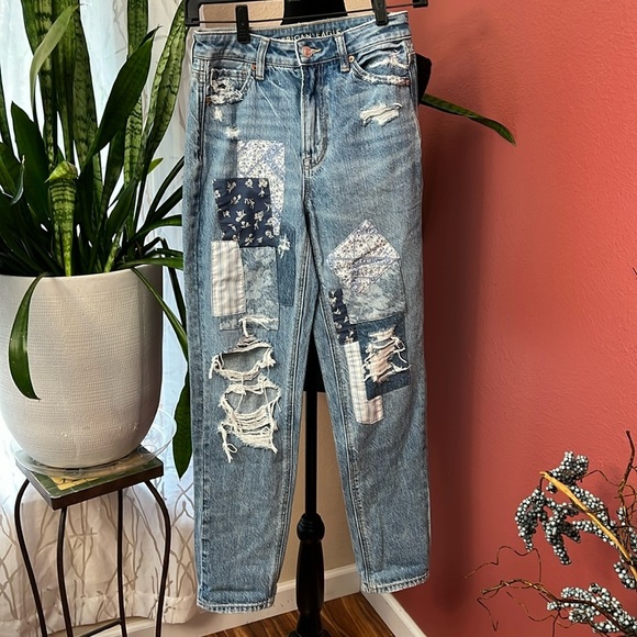 American Eagle Outfitters Denim - American Eagle Mom Straight Leg Patchwork Distressed Jeans